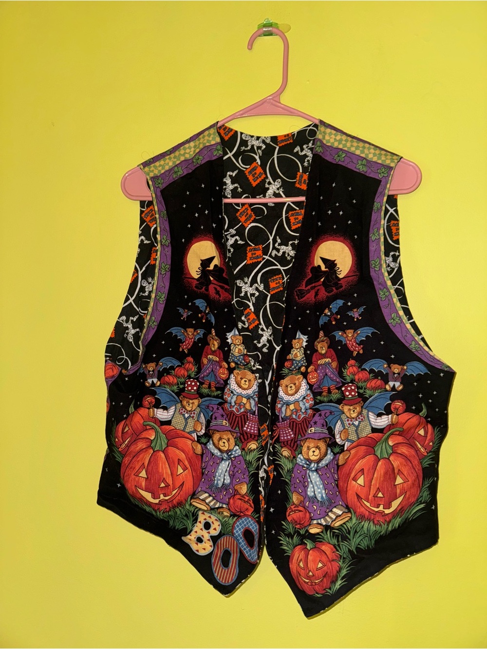 90s mom Halloween Vest- Black Pumpkin & Teddy Print